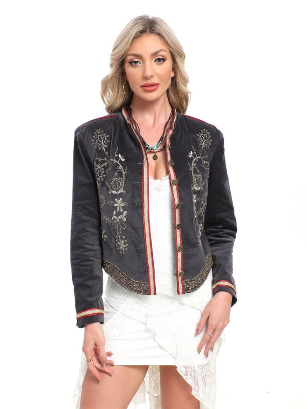 Retro Boho Velvet Embroidered Cropped Women Party Coat